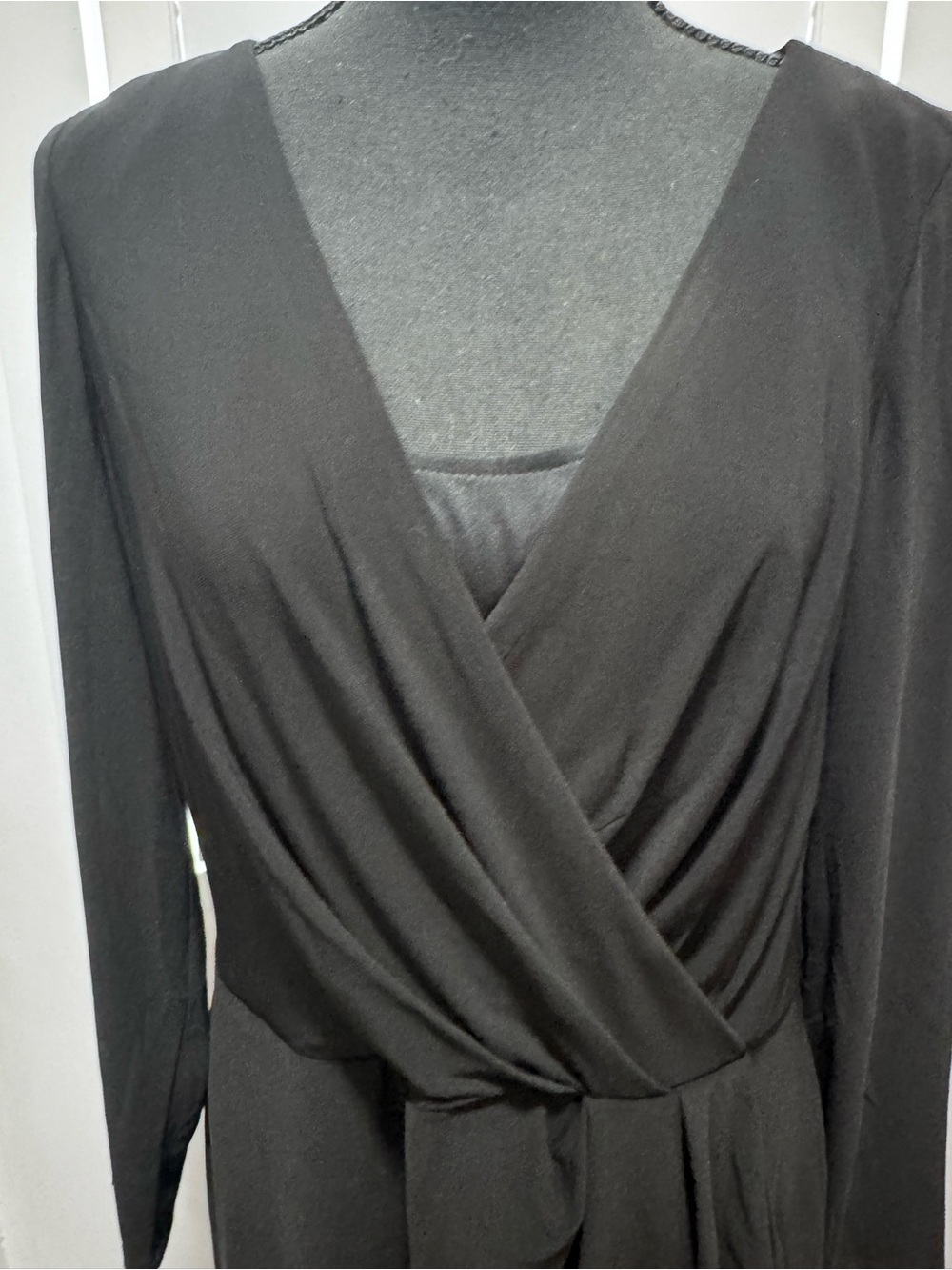 Chaps Black Long Sleeve Surplice Dress L NWT $95 Ruched Stretch